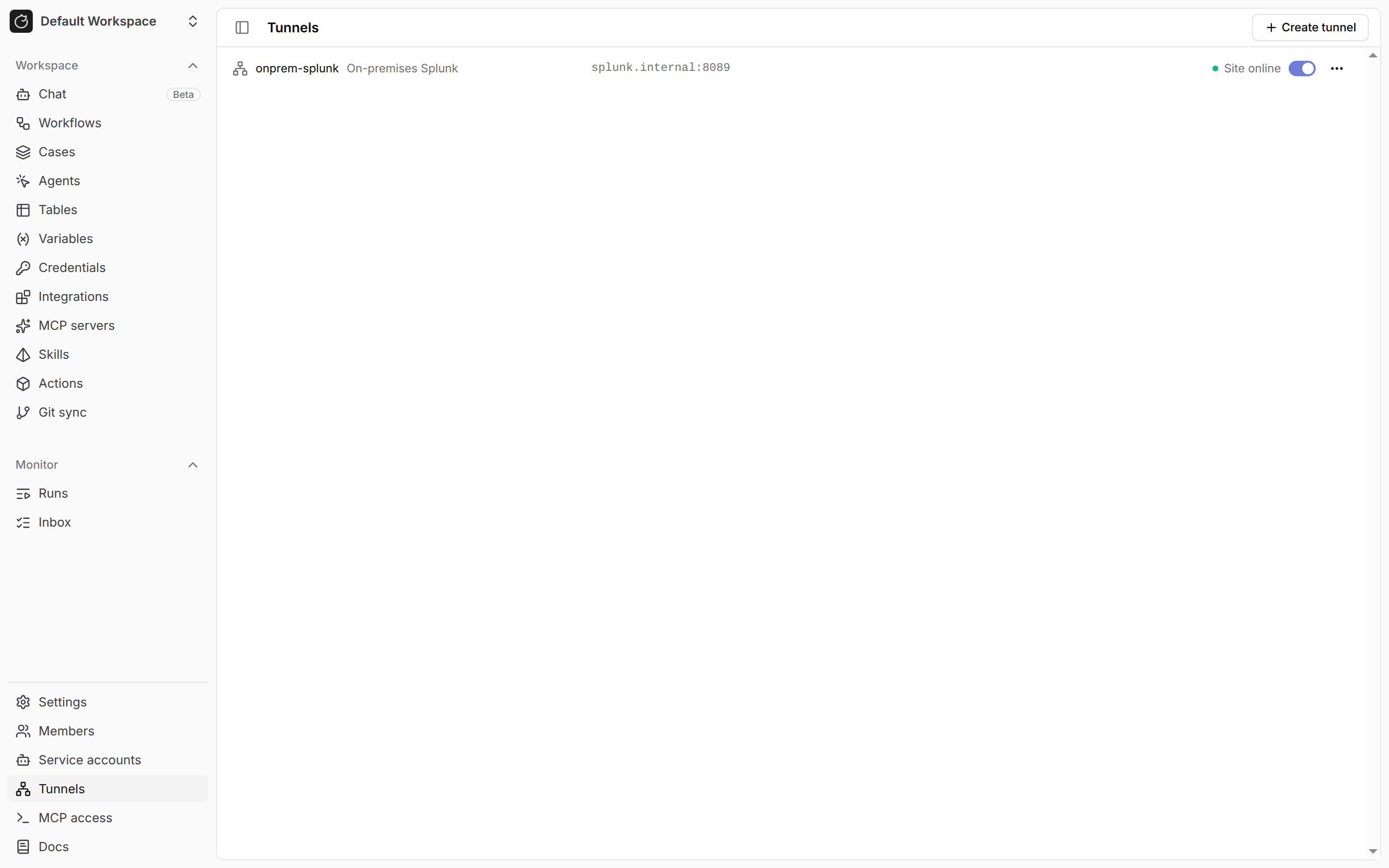 Tunnel status on the Tunnels page