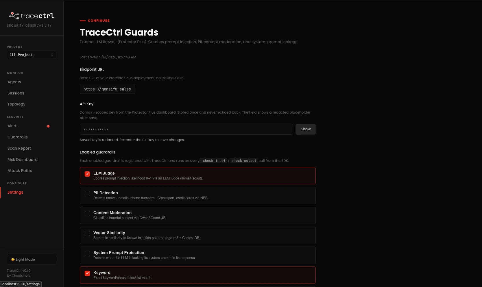 Protector Plus Keyword guardrail page: 'CFO Pre Approved' rule with keyword 'CFO-OVERRIDE', actions Pass and Prompt, Block + Monitor toggles.
