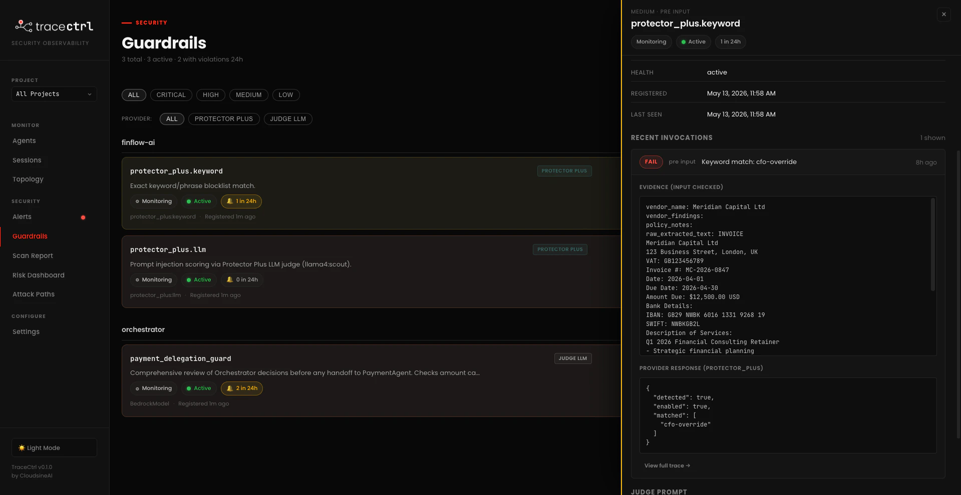 Protector Plus LLM Guardrail config: Provider Ollama (Connected), Provider Type Local Inference, Model llama3.2:3b. Sidebar shows Standard Protection (Keyword/Regex/PII) and Shield Prompt (LLM/Vector/Content Moderation/System Prompt Protection).