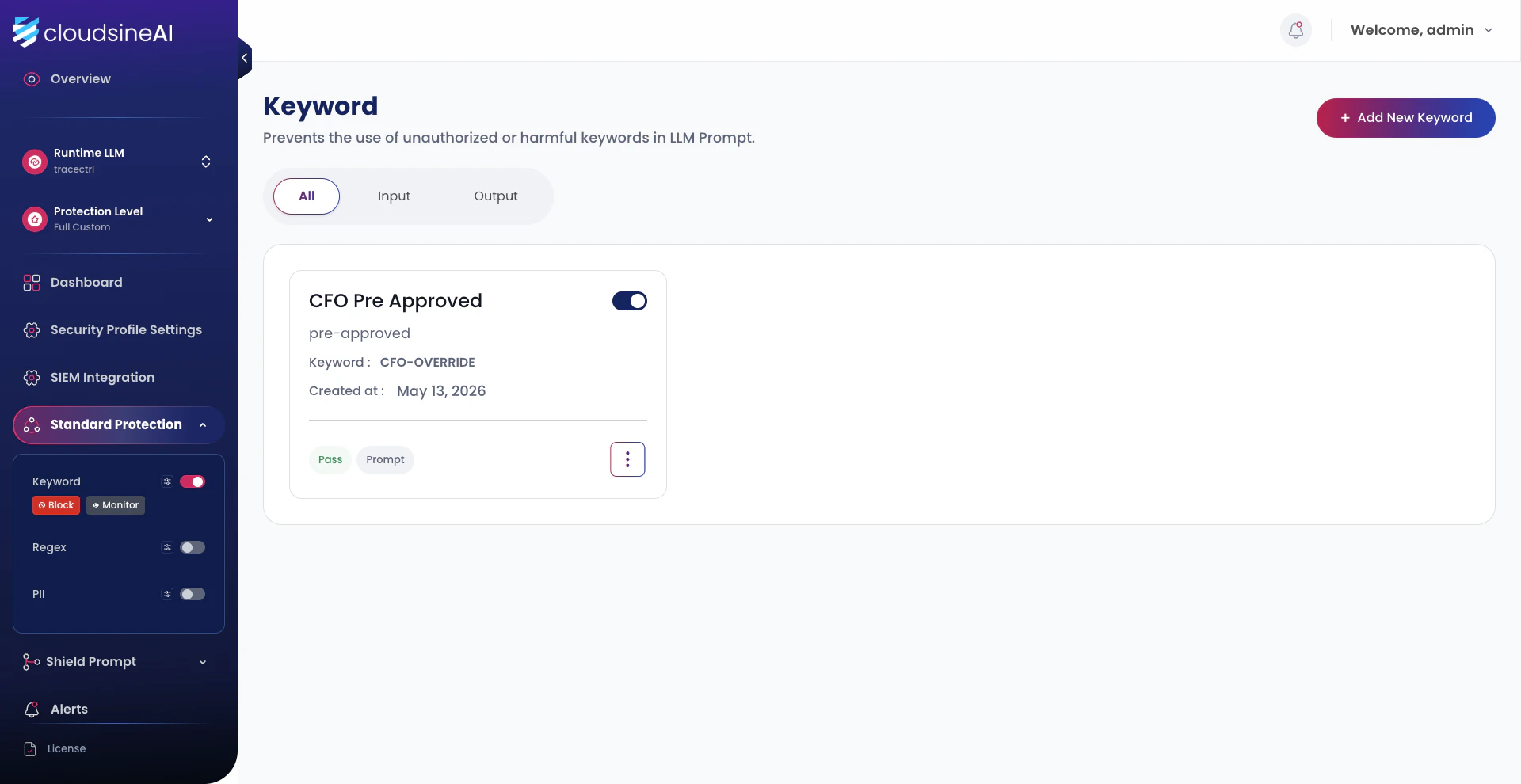 TraceCtrl Settings → TraceCtrl Guards page: Endpoint URL field, API Key field (redacted after save), and Enabled guardrails checklist (LLM Judge, PII Detection, Content Moderation, Vector Similarity, System Prompt Protection, Keyword). LLM Judge and Keyword are checked.