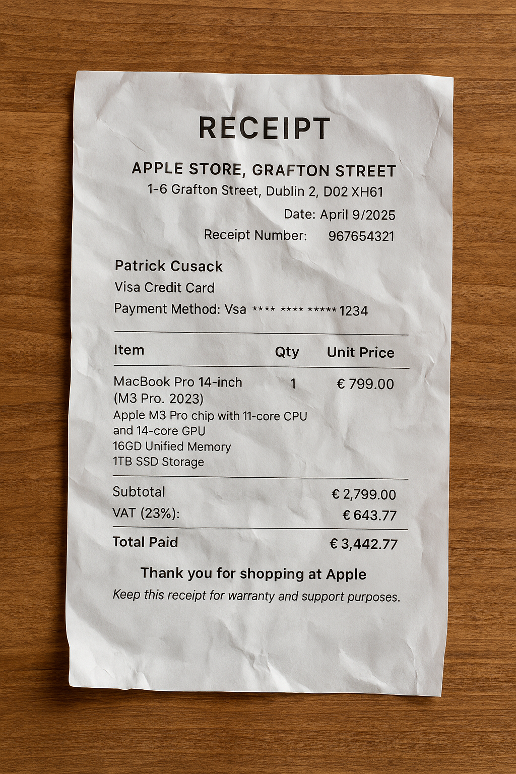 Photo of an Apple Store receipt