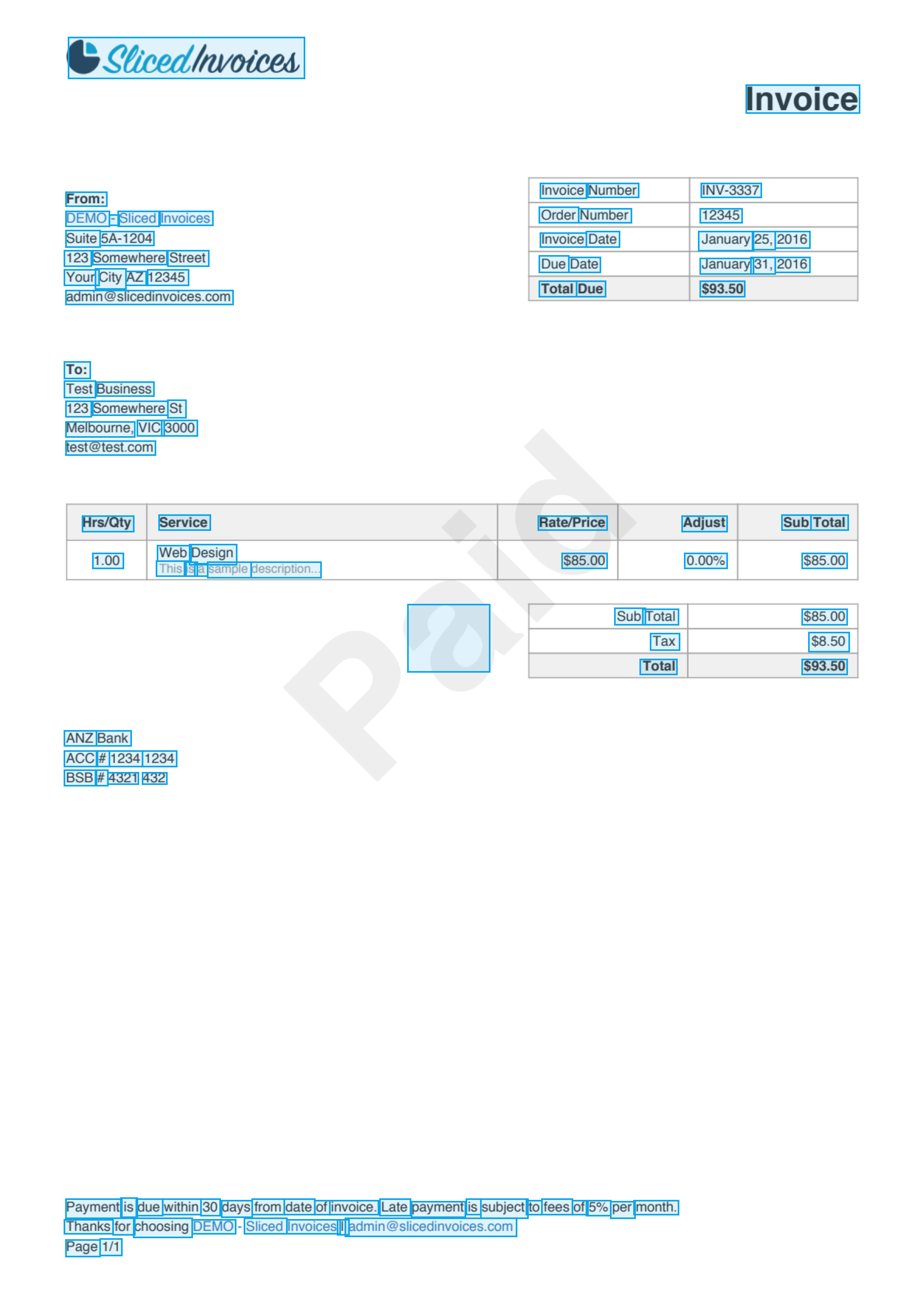 Invoice with blue bounding boxes overlaid on every text region