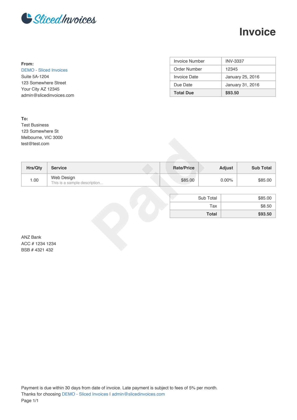 Sample invoice with header, addresses, line items, and totals
