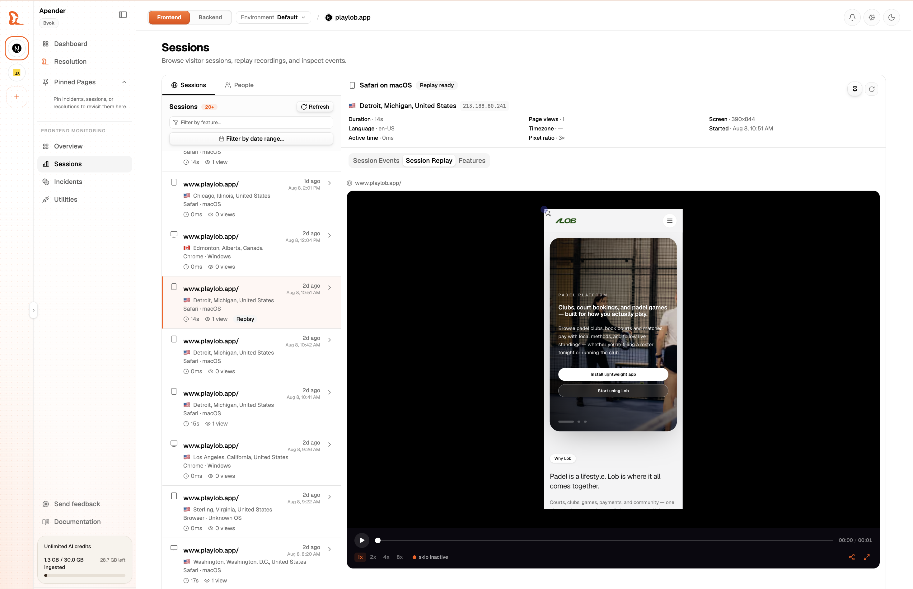 Tracelit session replay player showing a user browsing through a checkout flow