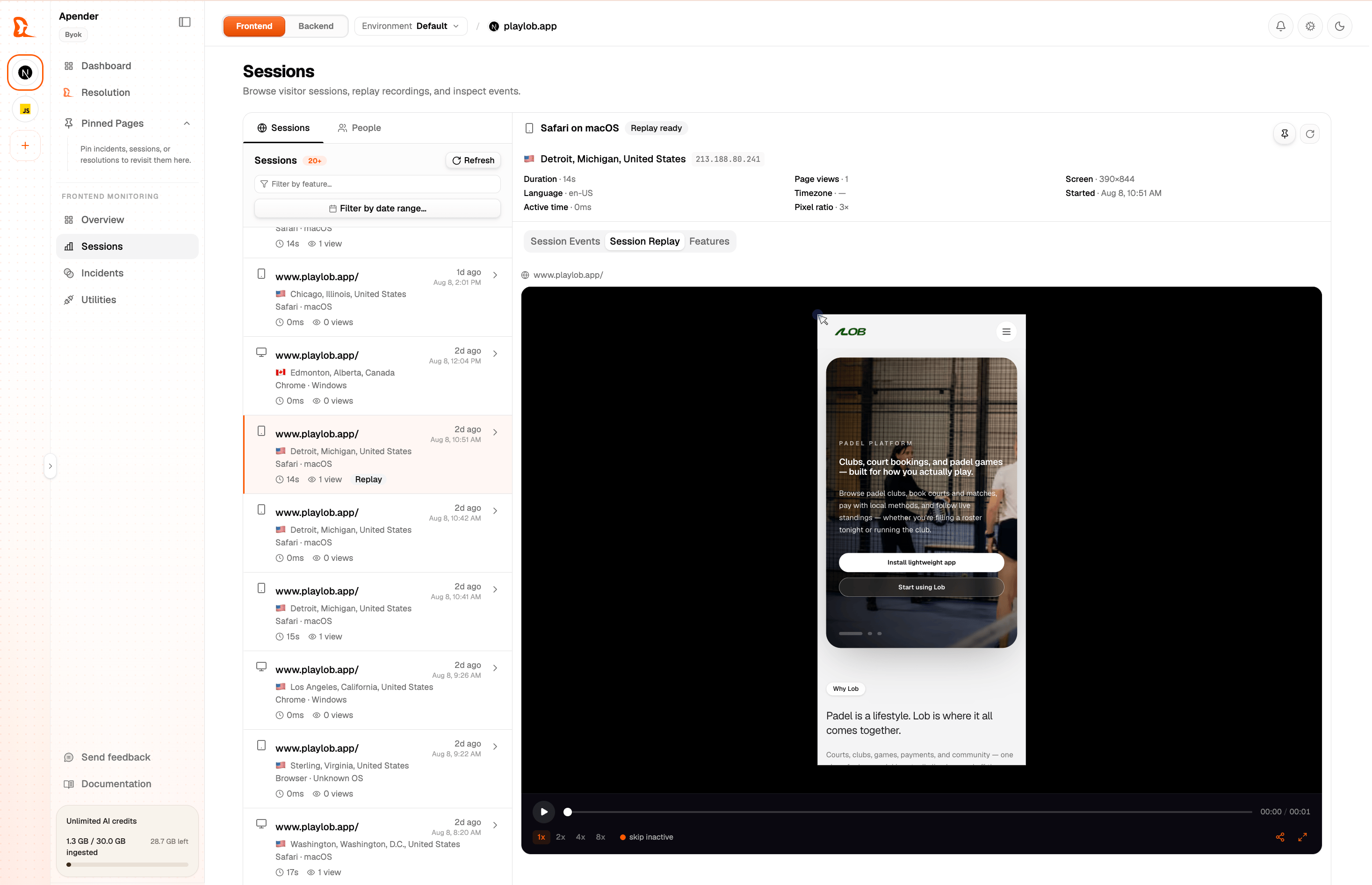 Tracelit session replay player showing a user browsing through a checkout flow