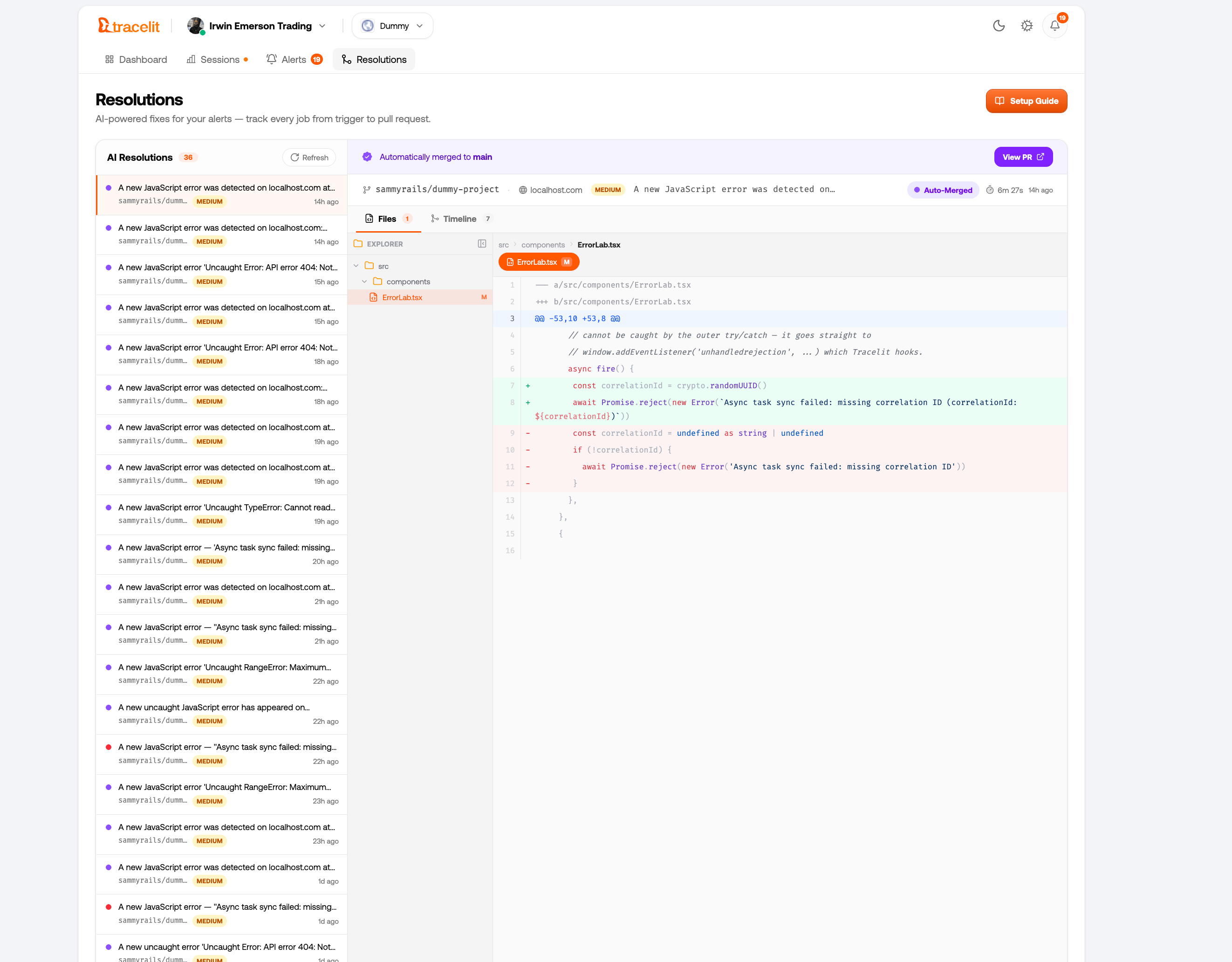 Tracelit AI resolution flow from detection to pull request
