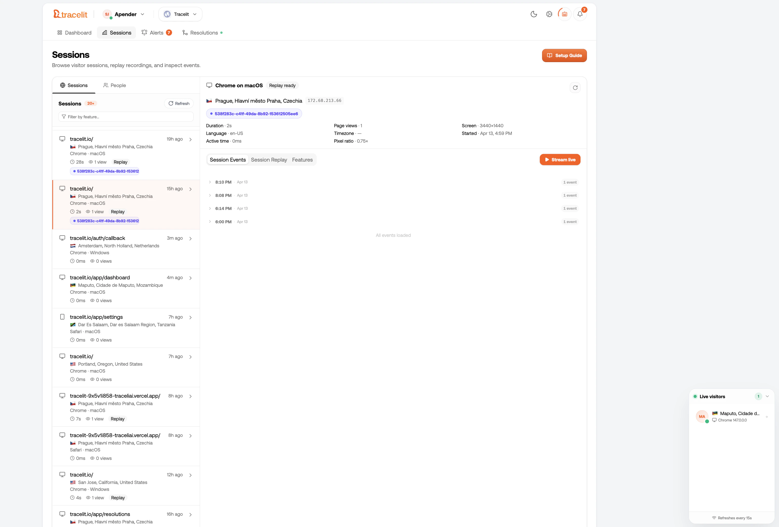 Tracelit dashboard showing the first session recorded after installing the script