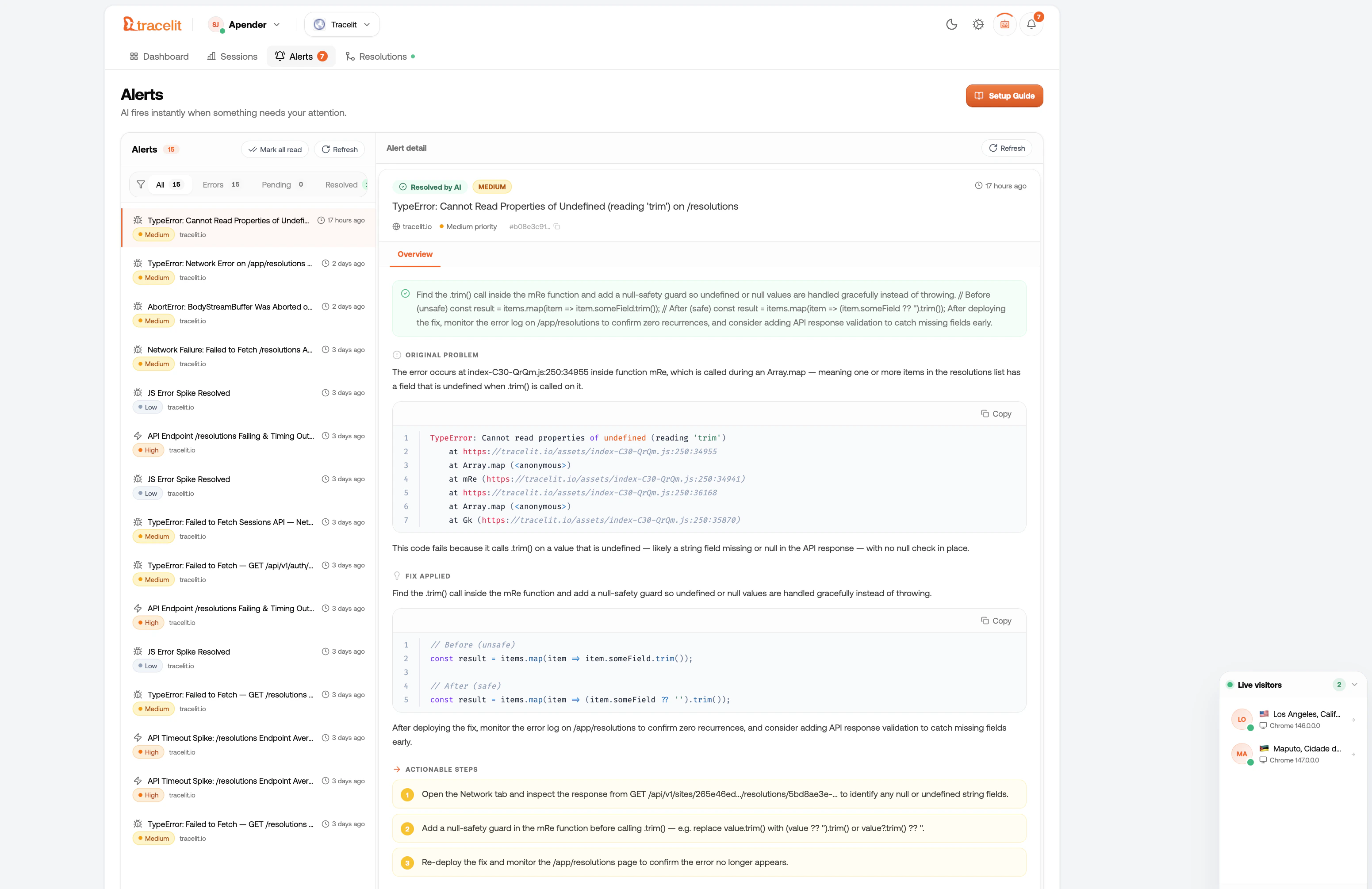 Tracelit dashboard error tracking view showing a list of errors with session replay links