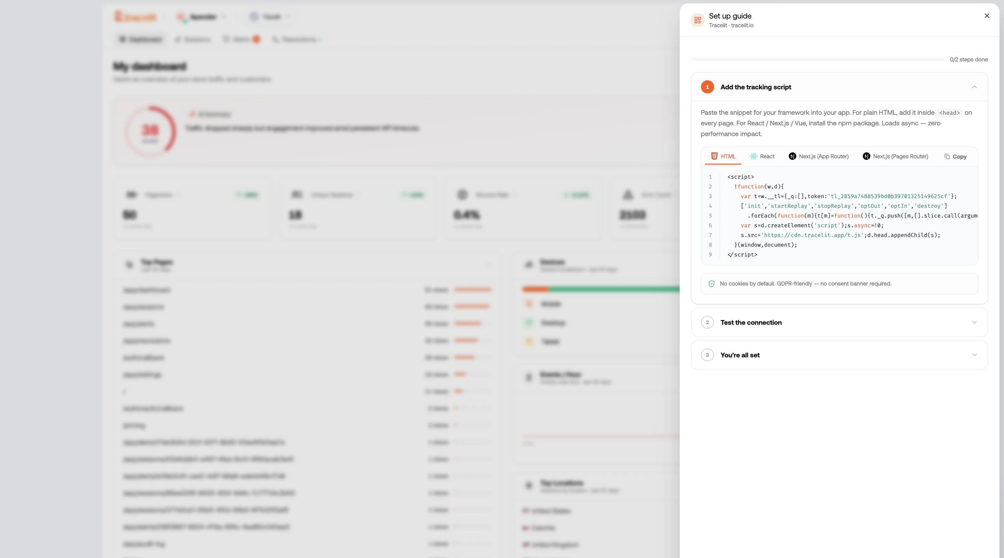 Tracelit dashboard Settings page showing the Site Token field