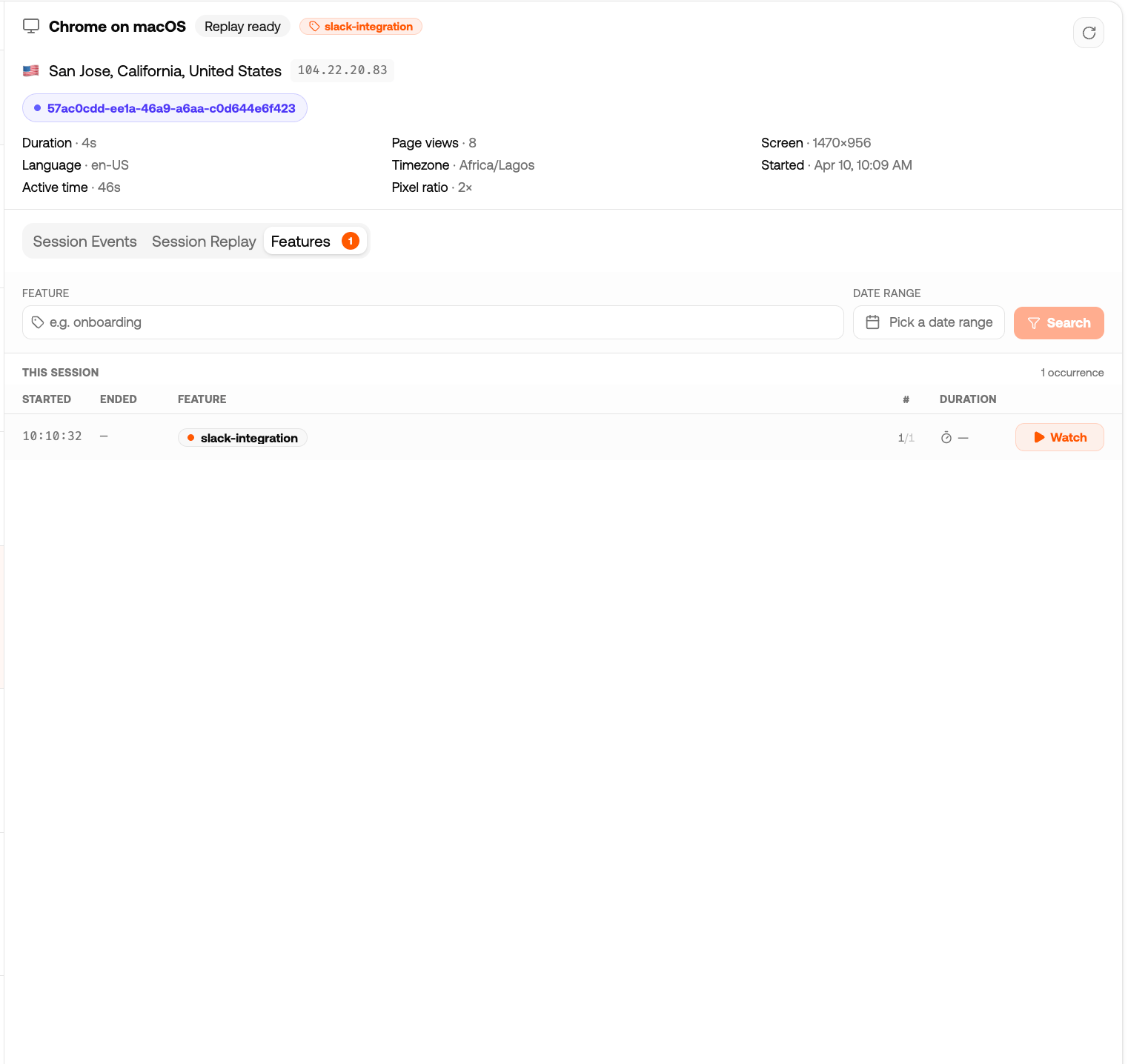 Tracelit dashboard showing sessions tagged with 'checkout' and 'onboarding' feature labels
