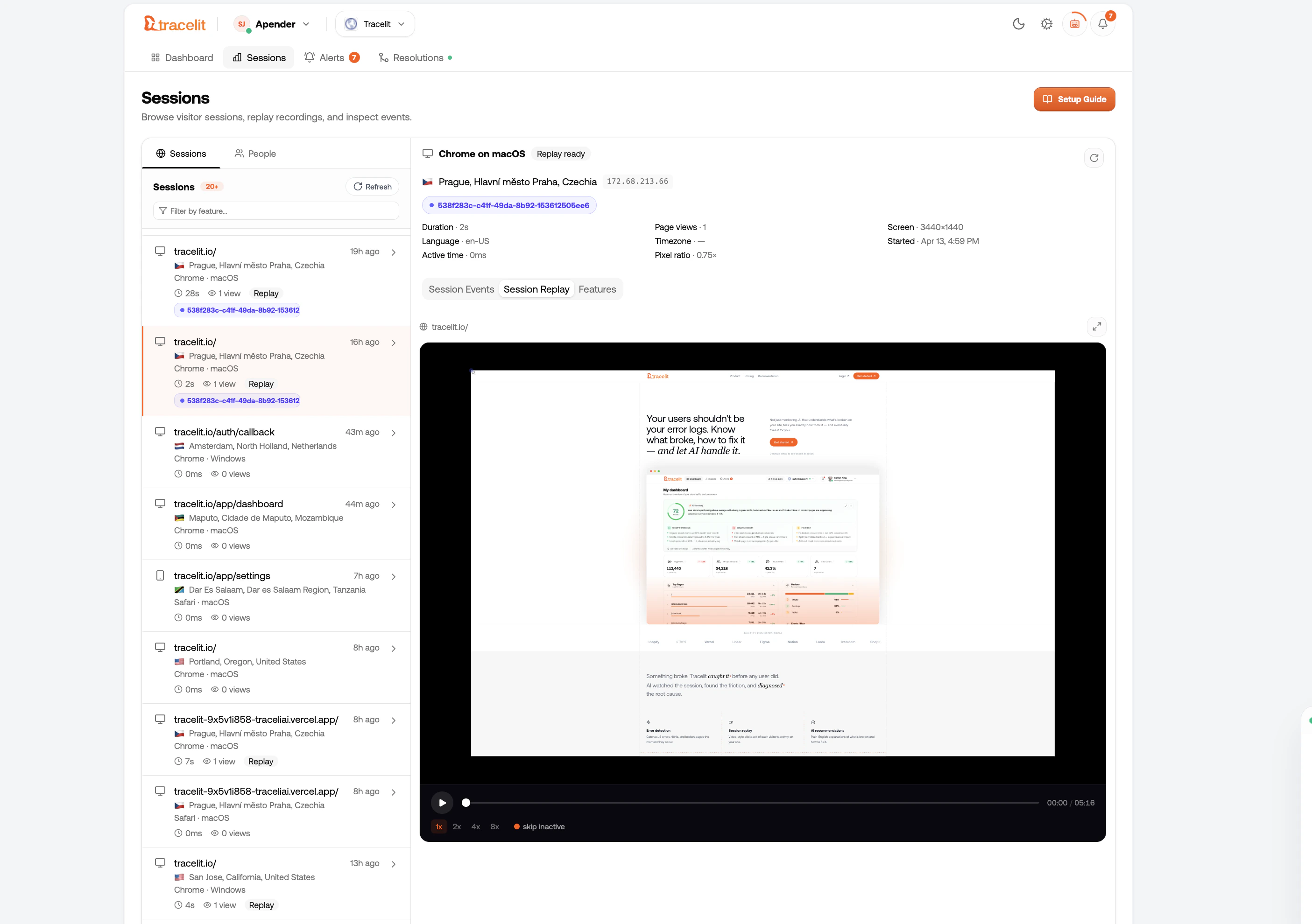 Tracelit session replay player showing a user browsing through a checkout flow