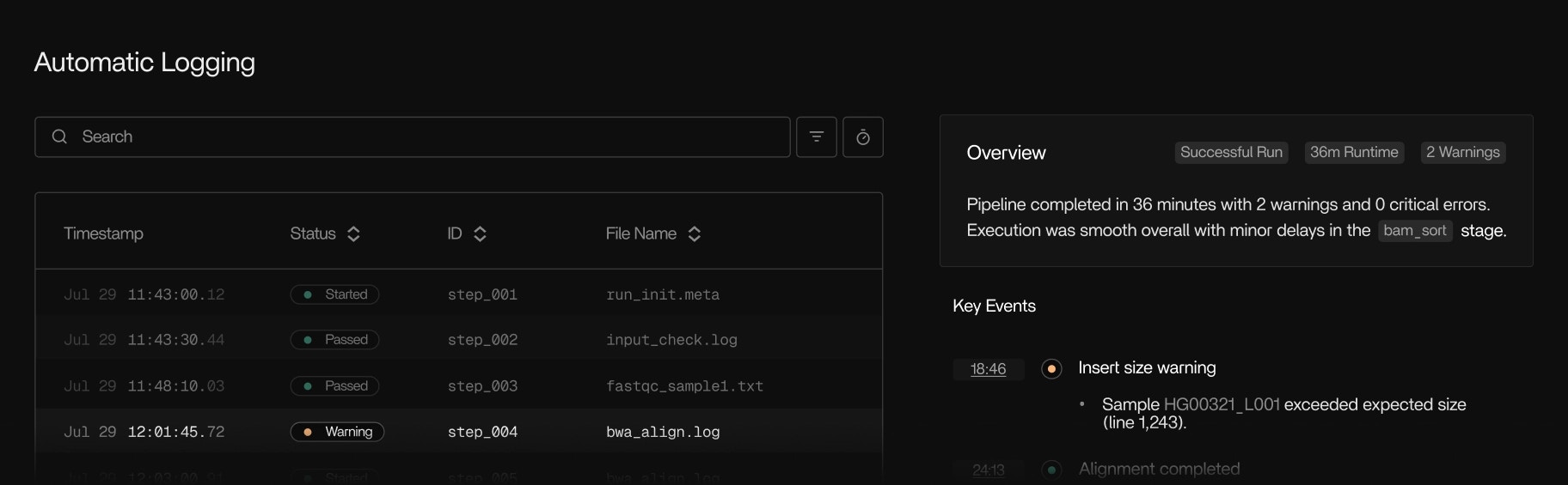 Automatic logging showing structured execution timelines from kernel-level signals