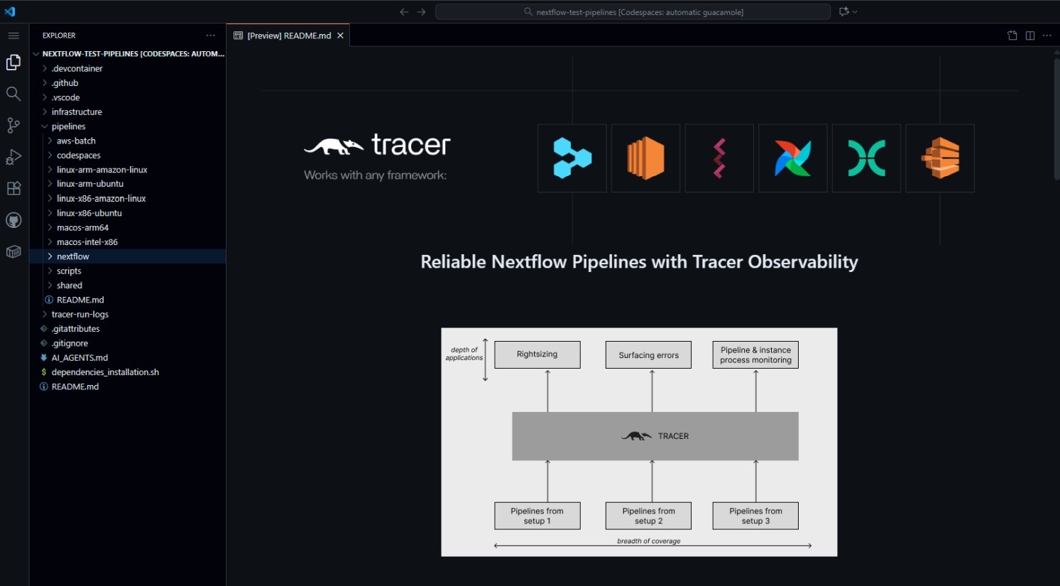 Codespace display with the cloned nf-core pipeline repository