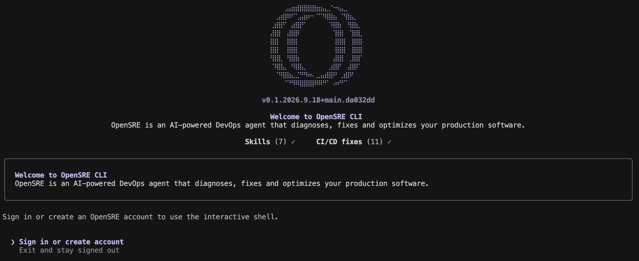 OpenSRE CLI welcome screen with the sign-in prompt