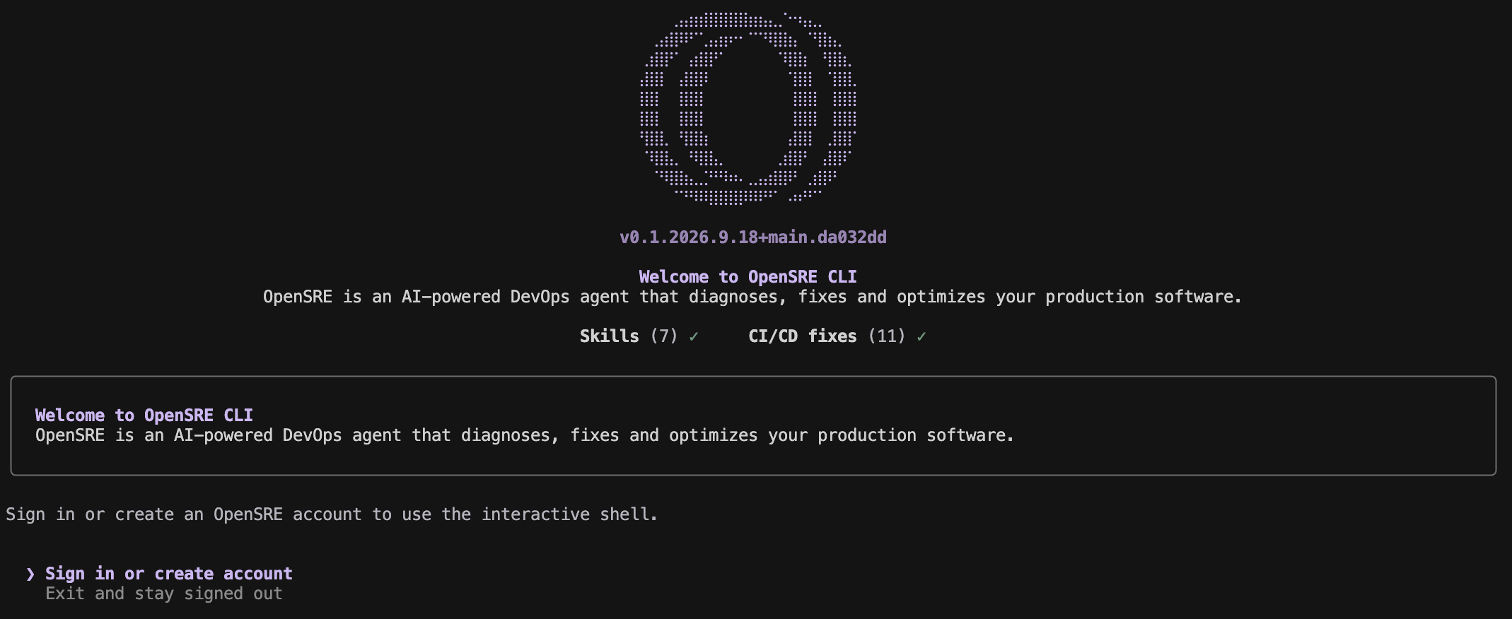 OpenSRE CLI welcome screen with the sign-in prompt