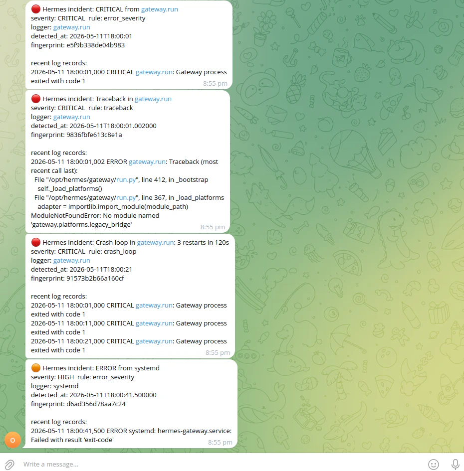 Hermes incidents delivered to Telegram after watching the 002-gateway-systemd-crash-loop synthetic log