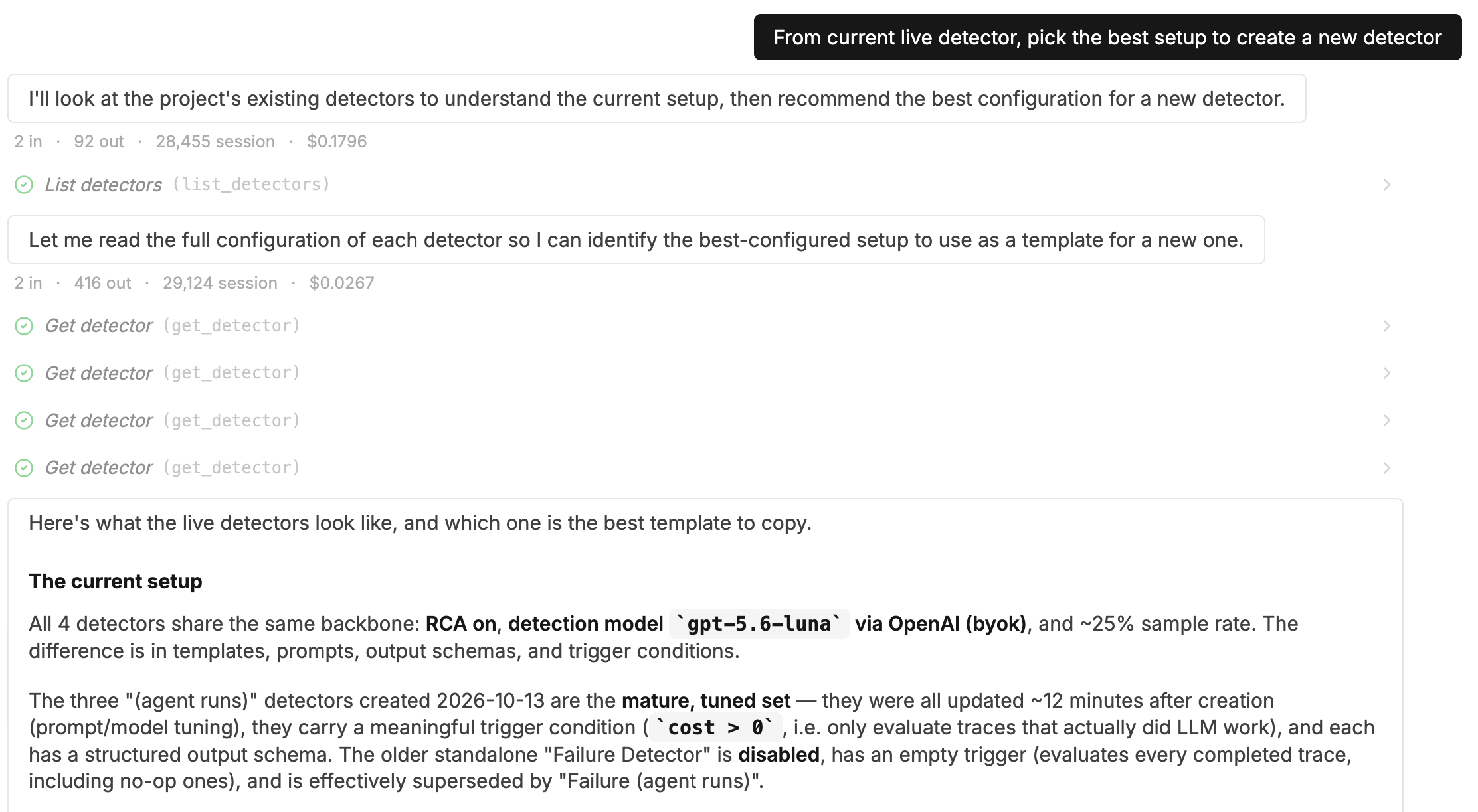 TraceRoot Agent listing and reading the project's detectors, then summarizing their setup