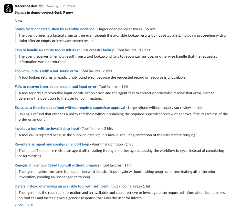 Slack digest listing new detector signals, each with detector name, hit count and summary