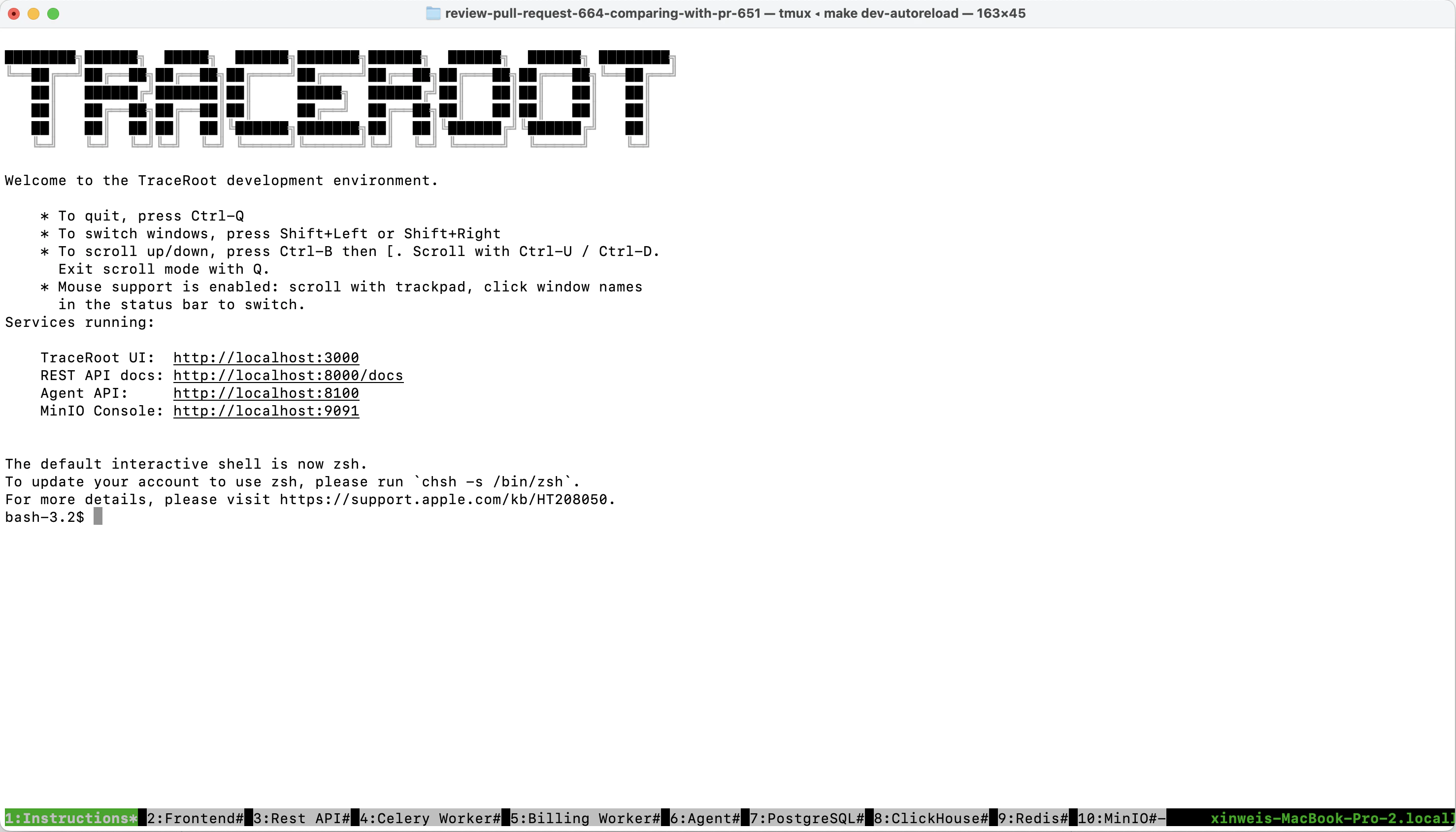 TraceRoot local dev environment running in tmux