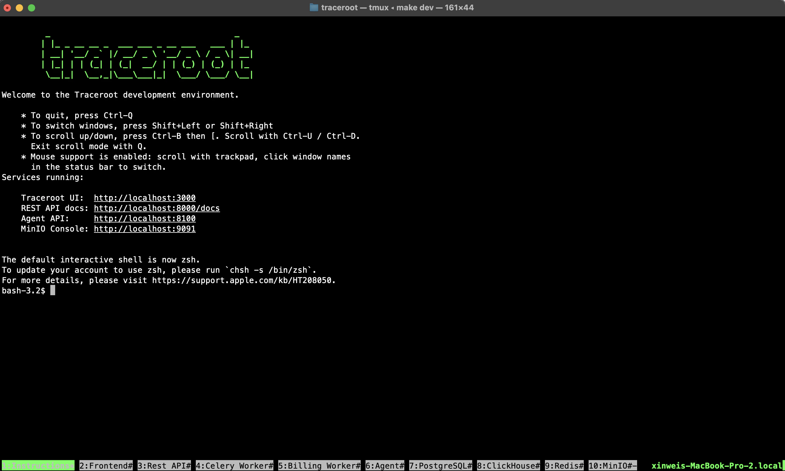 TraceRoot local dev environment running in tmux