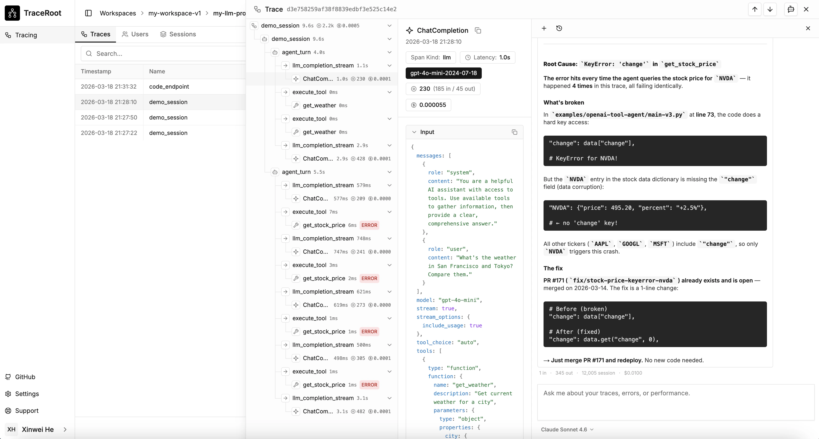 TraceRoot AI agent performing root cause analysis