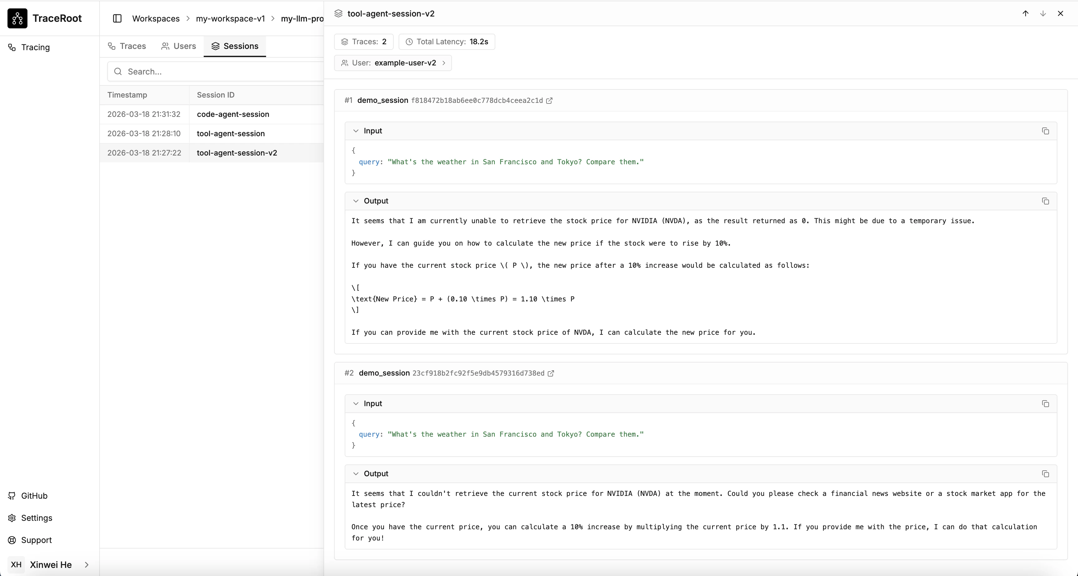 TraceRoot dashboard showing traces grouped by session