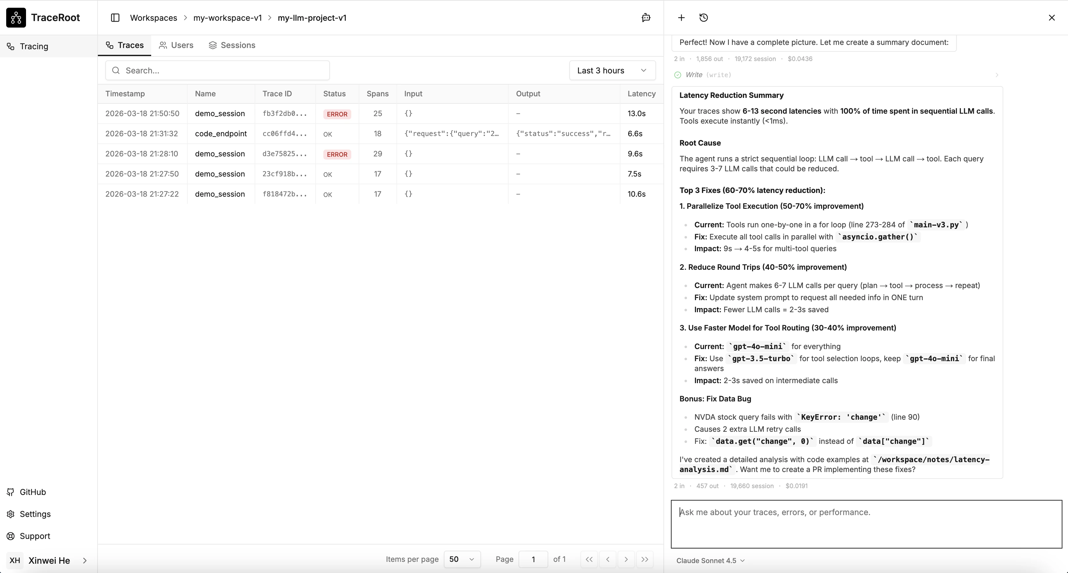TraceRoot AI agent answering questions about traces