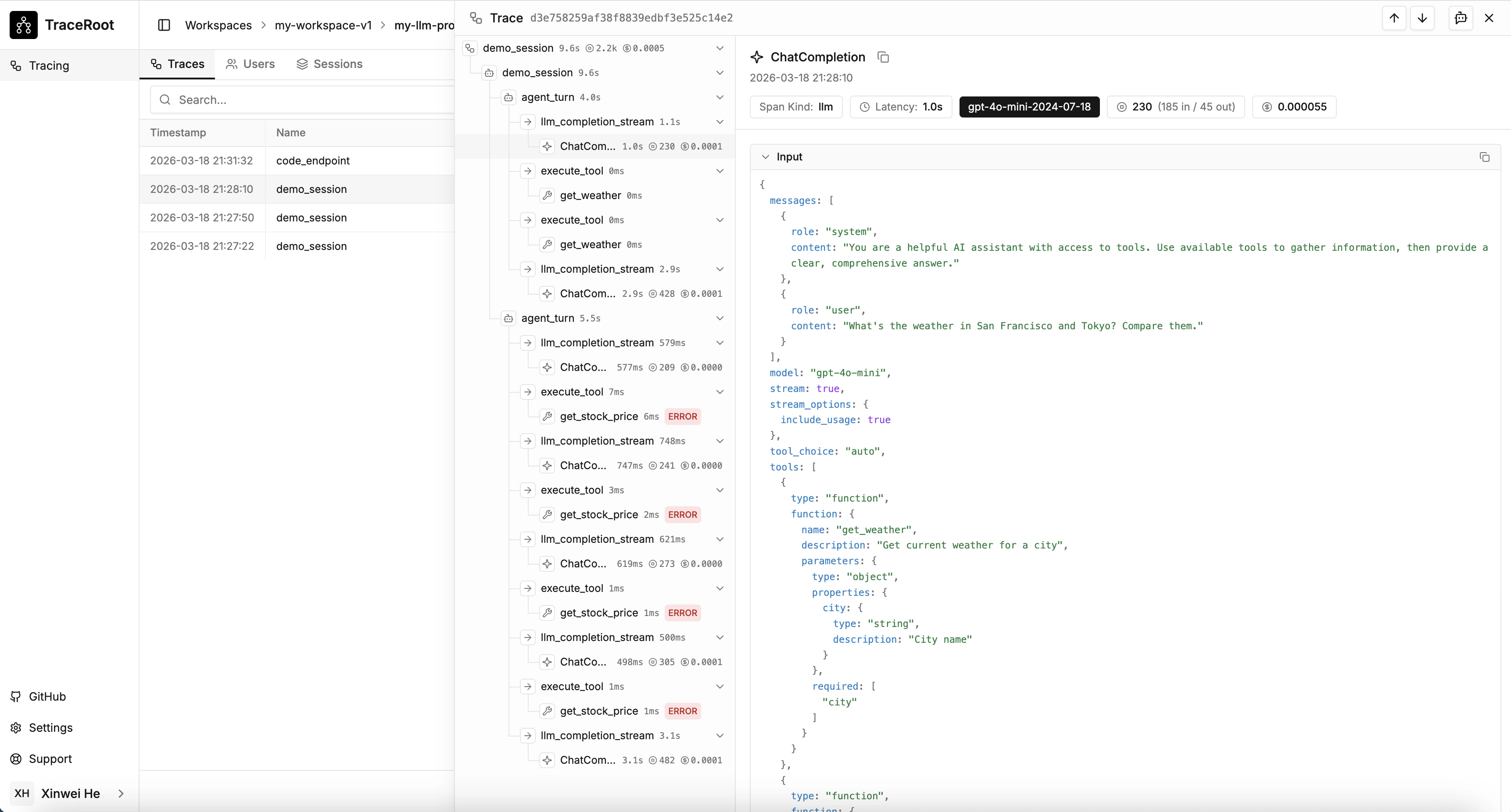 TraceRoot trace viewer showing span hierarchy and LLM calls