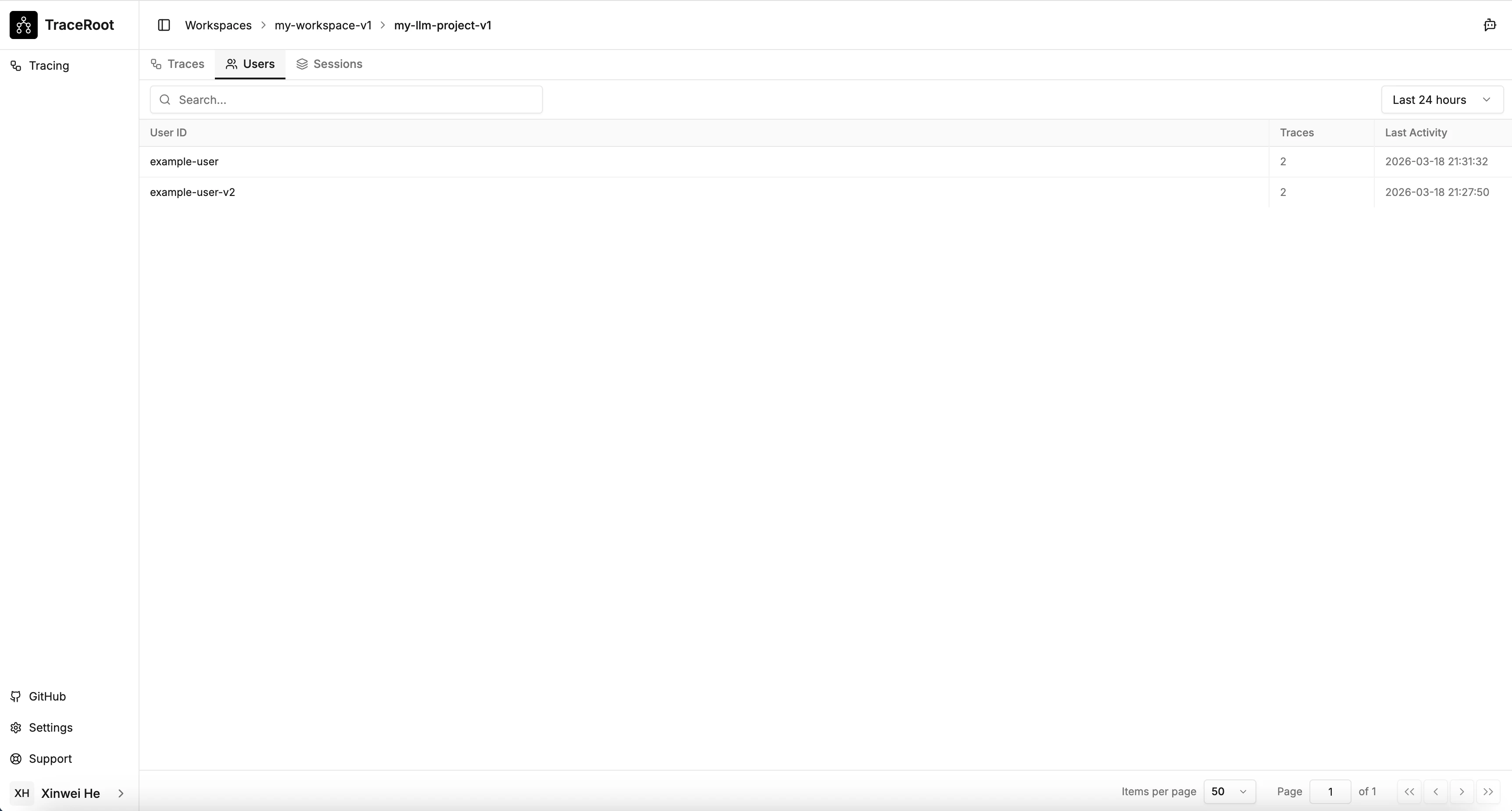 TraceRoot dashboard showing traces filtered by user
