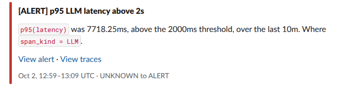 Alert notification posted to a Slack channel with View alert and View traces links