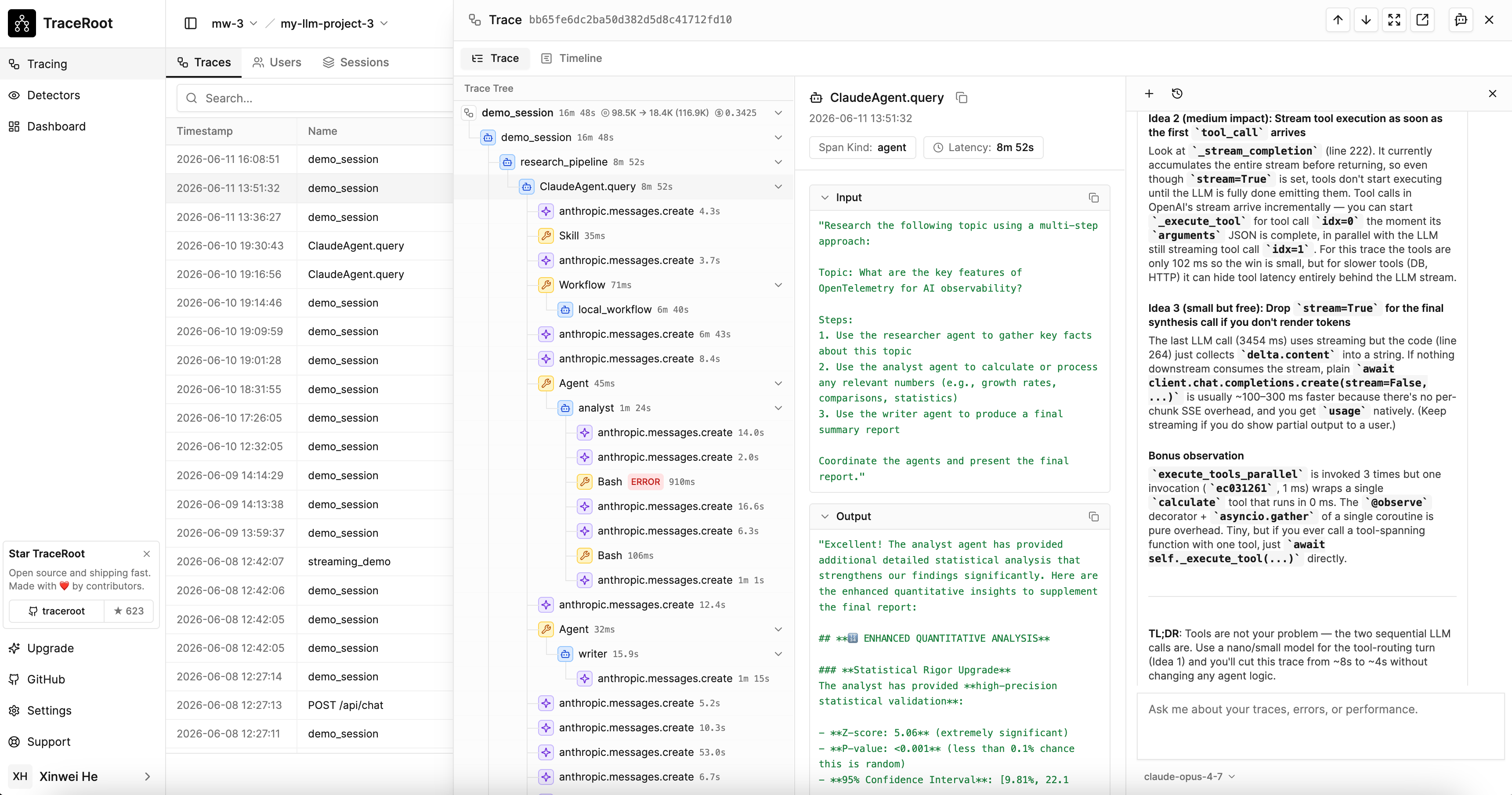 TraceRoot AI agent performing root cause analysis
