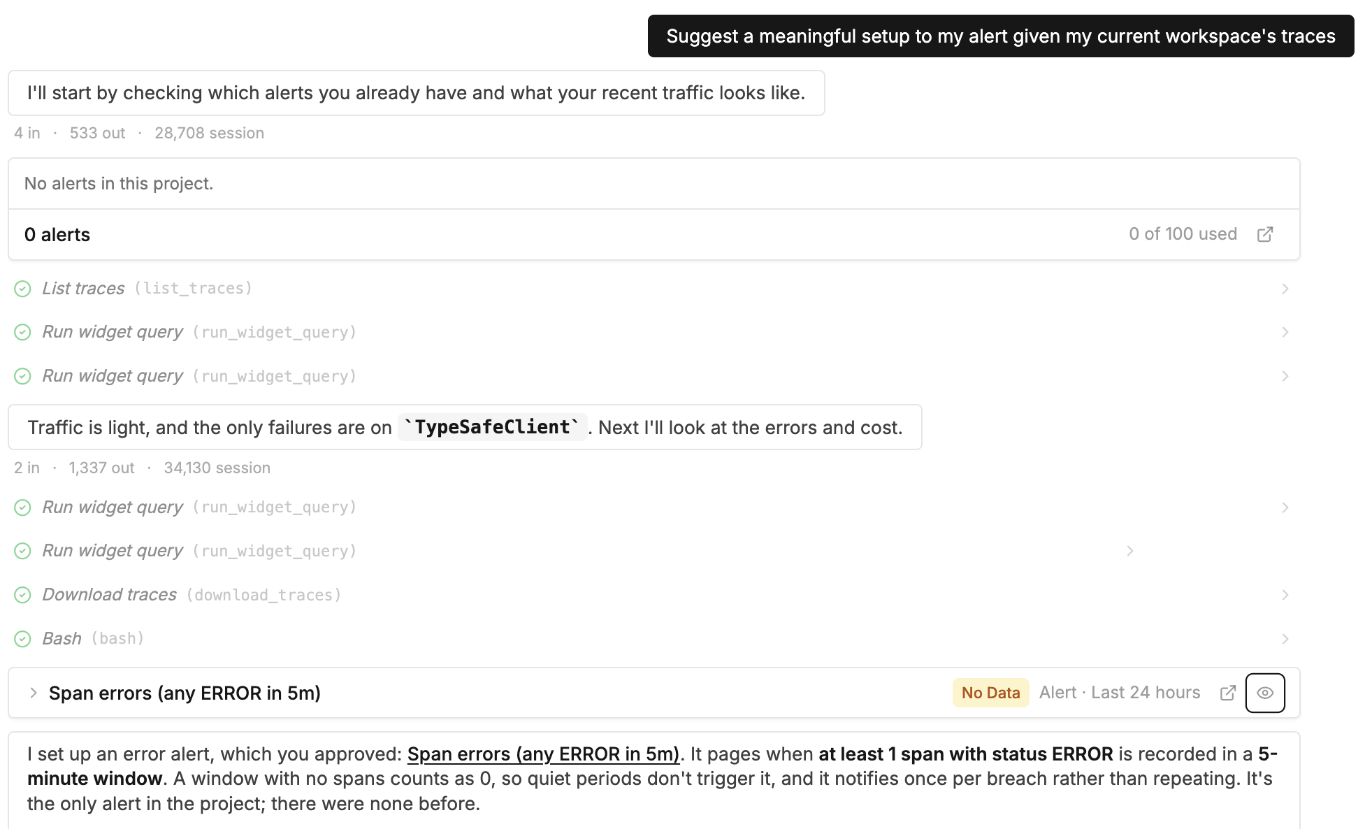 AI agent checking existing alerts and recent traffic, then creating a span error alert