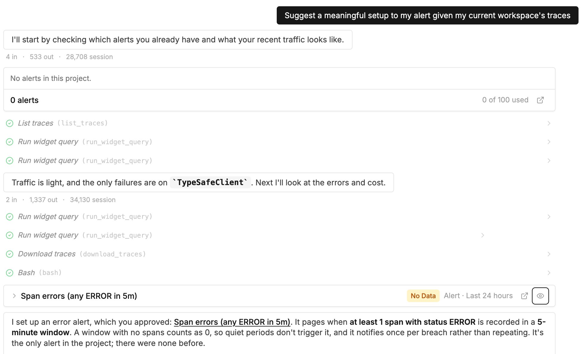 AI agent checking existing alerts and recent traffic, then creating a span error alert