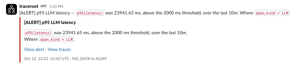 Slack message for a p95 latency breach with View alert and View traces links