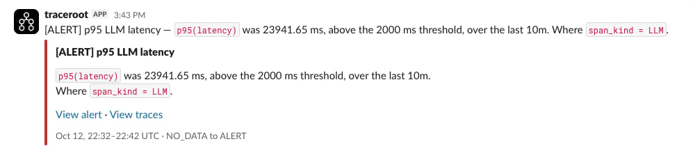 Slack message for a p95 latency breach with View alert and View traces links
