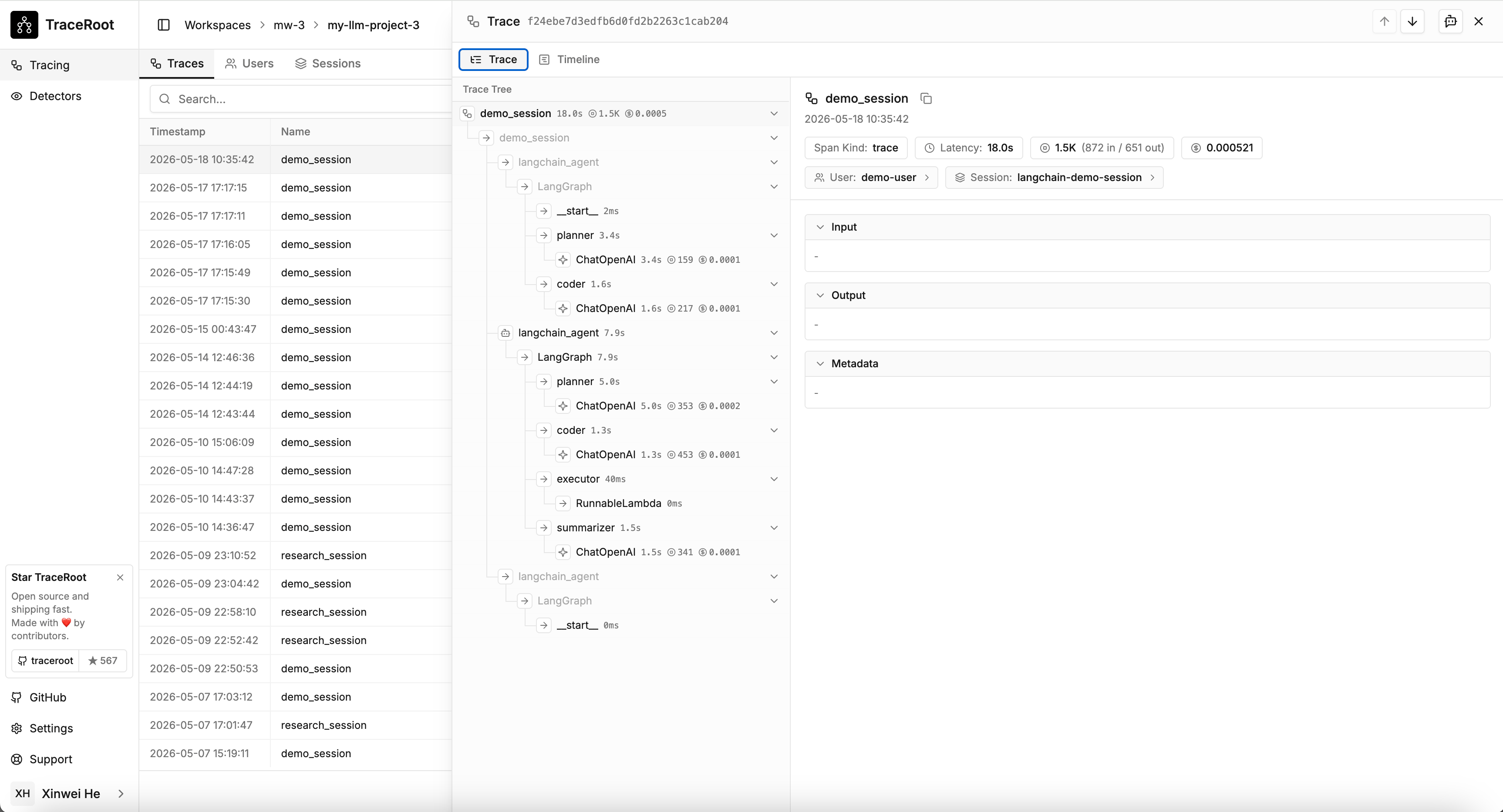 TraceRoot trace viewer streaming new spans live while an agent runs