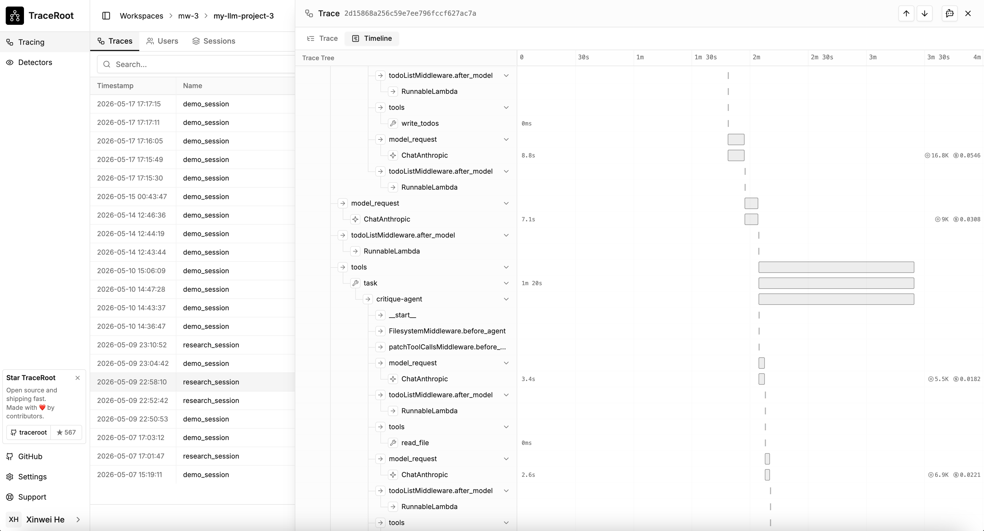 TraceRoot trace viewer showing the Timeline view with span bars