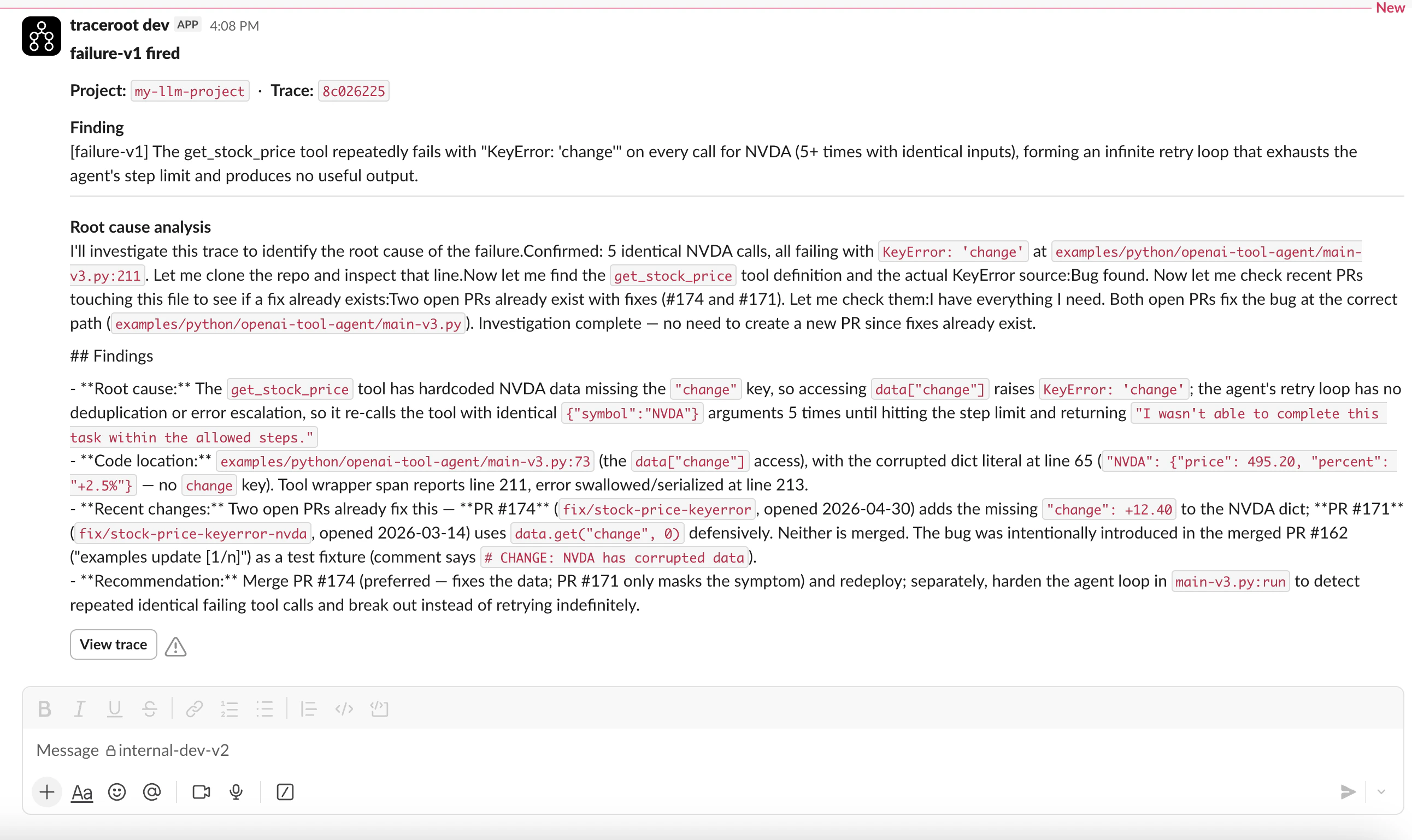 Detector alert posted to a Slack channel