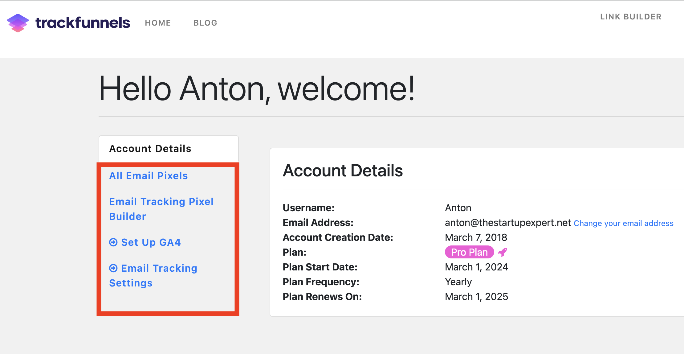 Change In Account Settings Trackfunnels Pro Plan