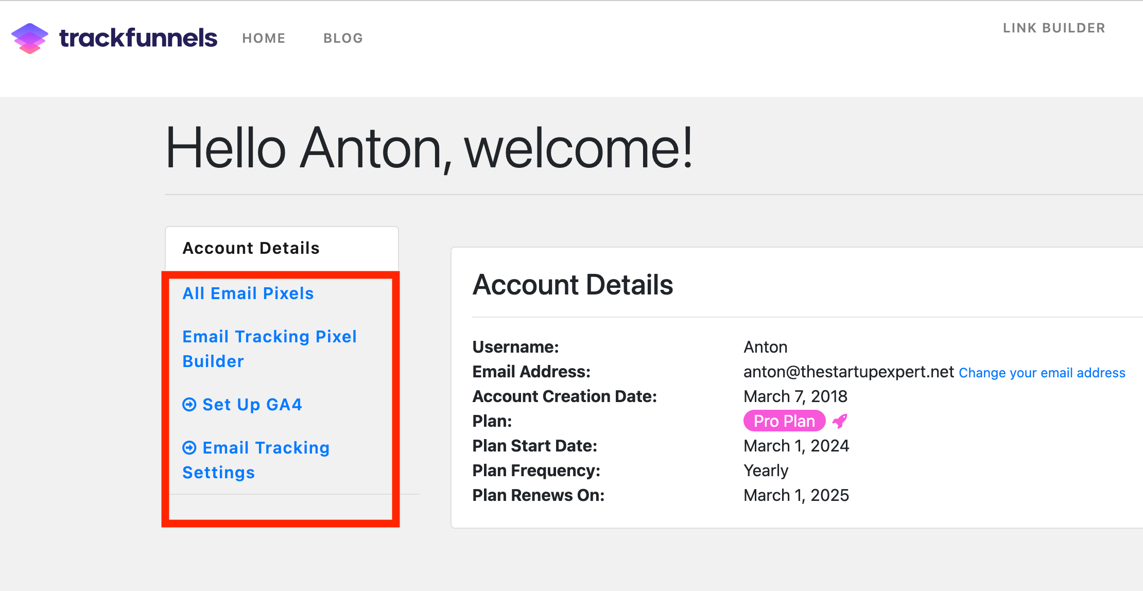 Change In Account Settings Trackfunnels Pro Plan