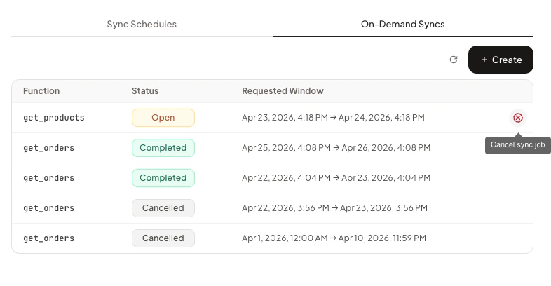 Cancel icon on an open sync job row