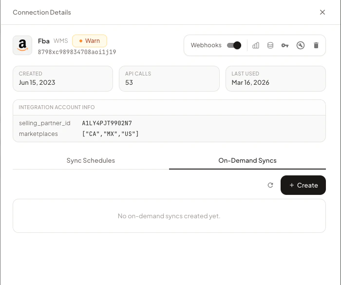 On-Demand Syncs tab with Create button