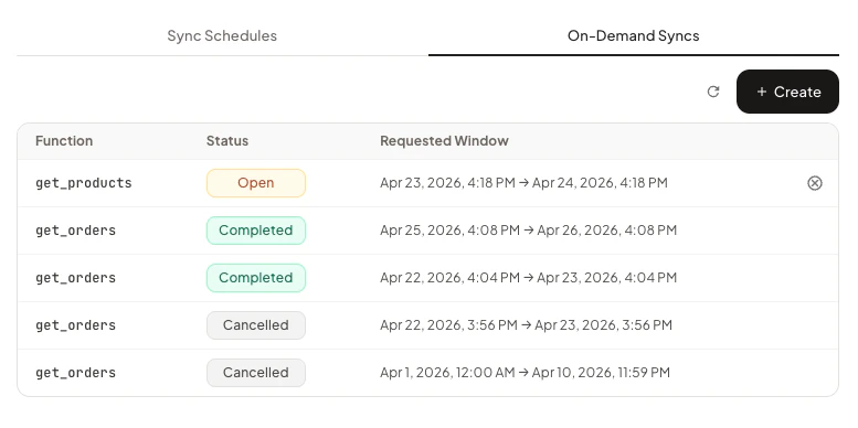On-Demand Syncs list with status badges