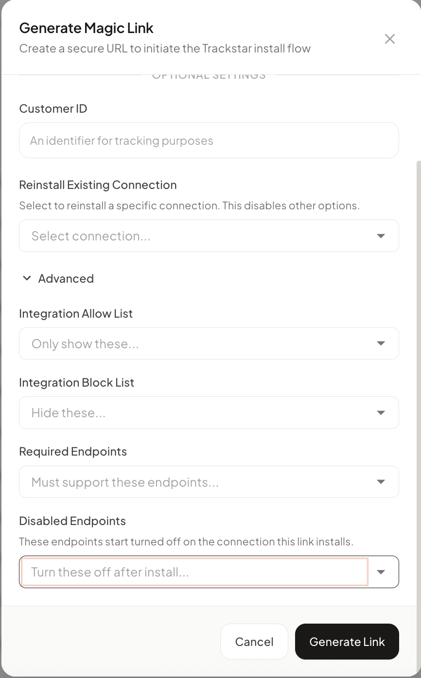 Advanced section of the Generate Magic Link modal with the Disabled Endpoints picker