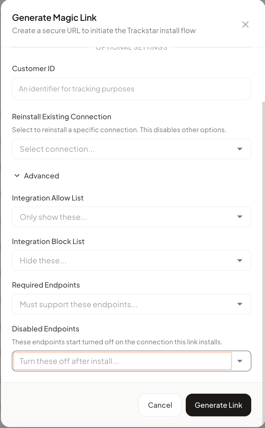 Advanced section of the Generate Magic Link modal with the Disabled Endpoints picker