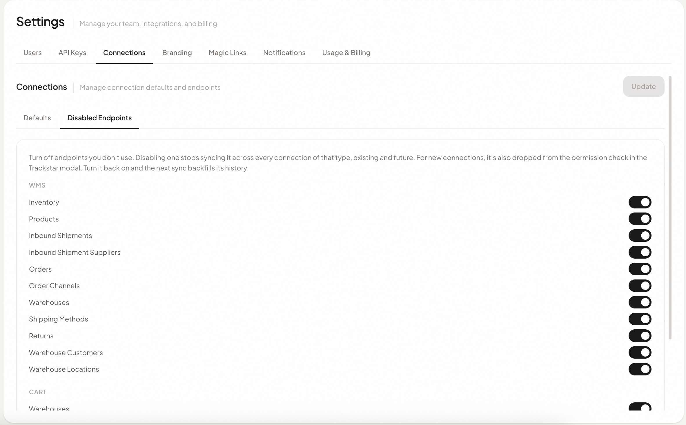 Disabled Endpoints tab in Connection Settings, grouped by integration type