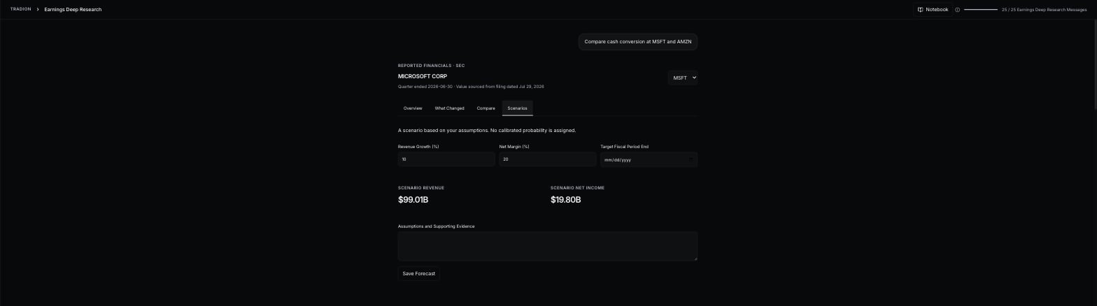 The Scenarios tab with fields for revenue growth, net margin and target fiscal period end, two computed scenario figures, a box for assumptions and a Save Forecast button