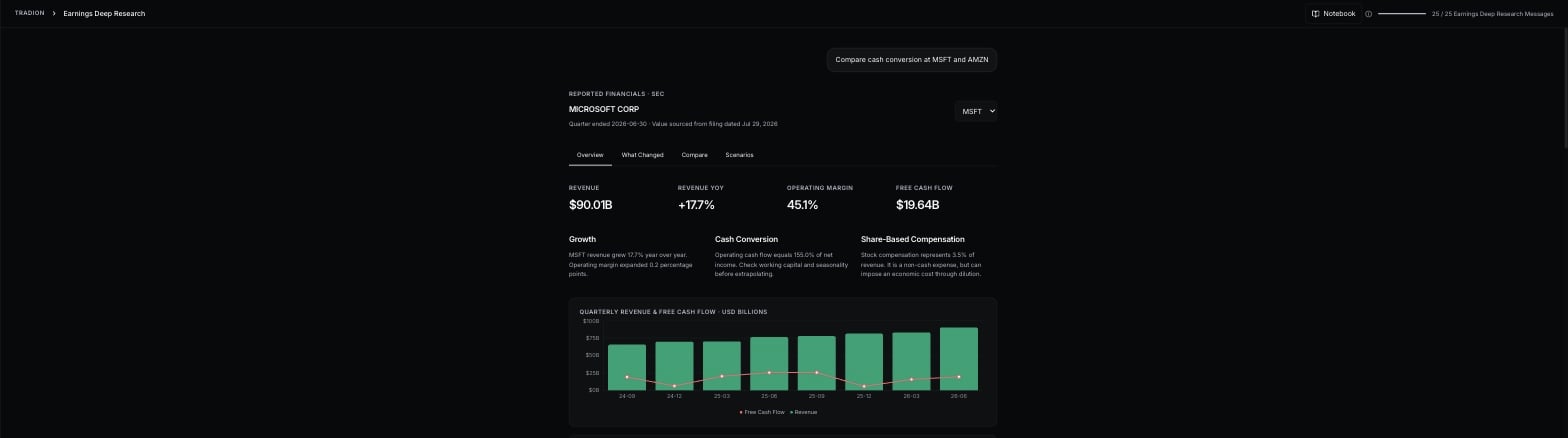 A research thread showing a two-company tone question, then a reported financials panel for one retailer with tabs named Overview, What Changed, Compare and Scenarios, and four headline figures