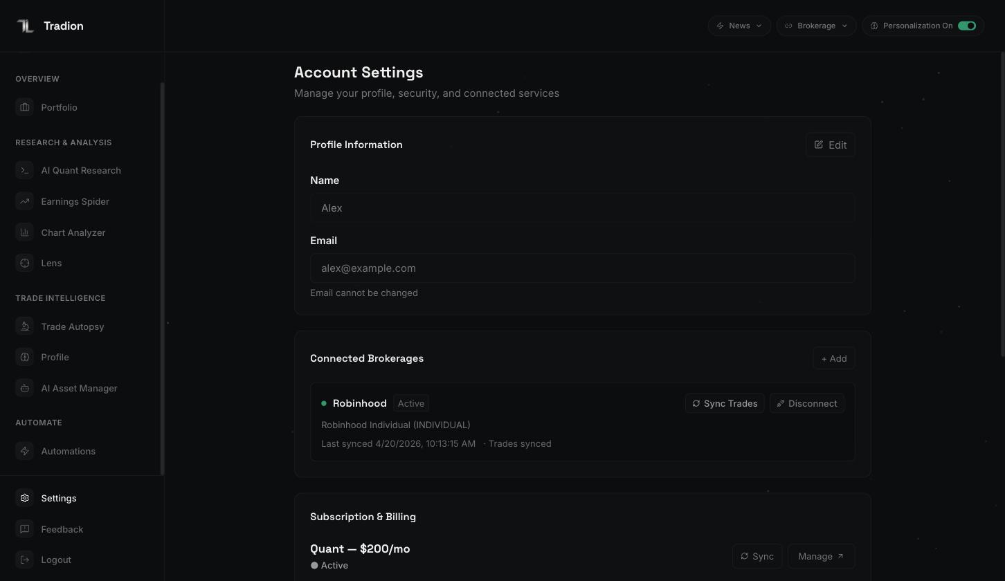 The Account Settings screen showing profile name and email fields, a connected brokerage with sync and disconnect buttons, and a subscription and billing section