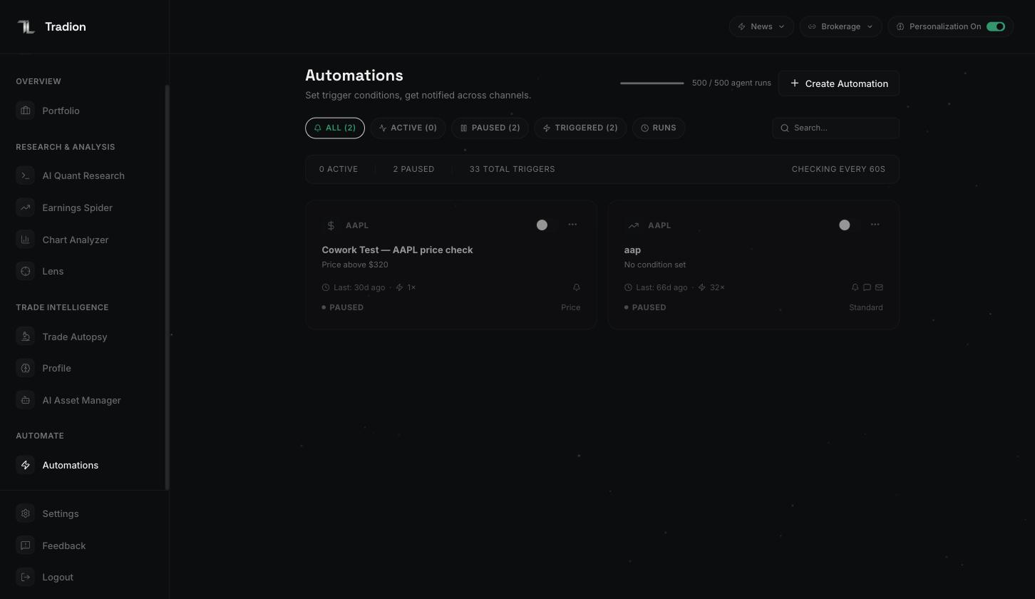 The Automations screen showing filter tabs for all, active, paused, triggered and runs, a summary bar reading checking every 60 seconds, and two automation cards